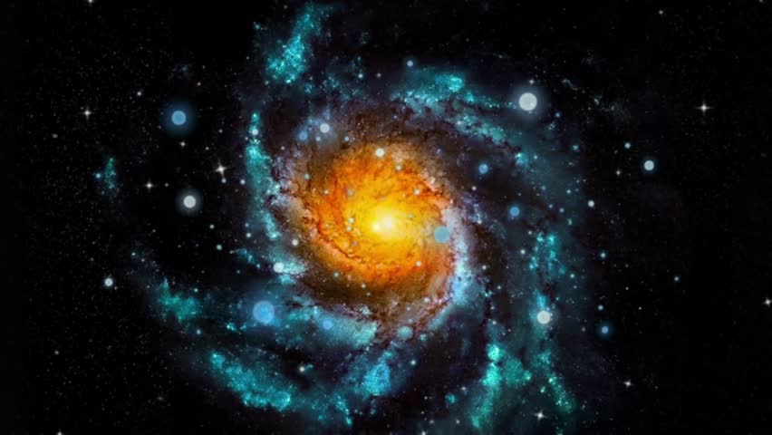 An illustration of a stunning spiral galaxy amidst the darkness of space. The galactic center radiates a bright, warm orange and yellow glow, surrounded by deep blue and cyan spiral arms speckled with shining stars and translucent orbs of light (bokeh effects).