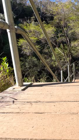 First-person perspective walking down wooden stairs with metal handrails in Wentworth Falls, Australia.
