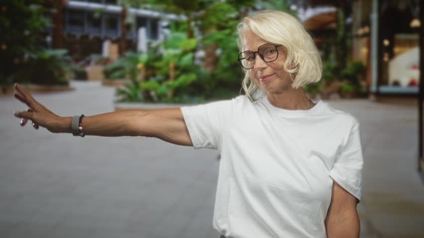 Woman with glasses and white t shirt making peace sign with hand near face in building mall atrium, middle age blonde; playful confidence.