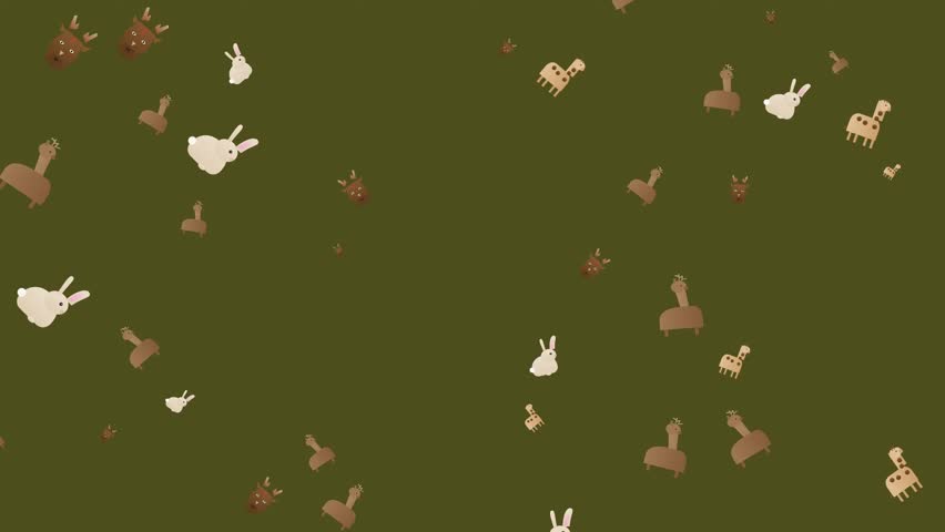 A seamless loop of stylized deer rabbit and giraffe icons drifting across a flat dark olive green backdrop in a whimsical motion graphic style.