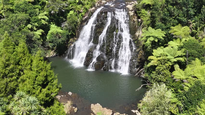 Water flows over a broad rock face into a calm pool surrounded by forest at Owharoa Falls, Waikato, New Zealand