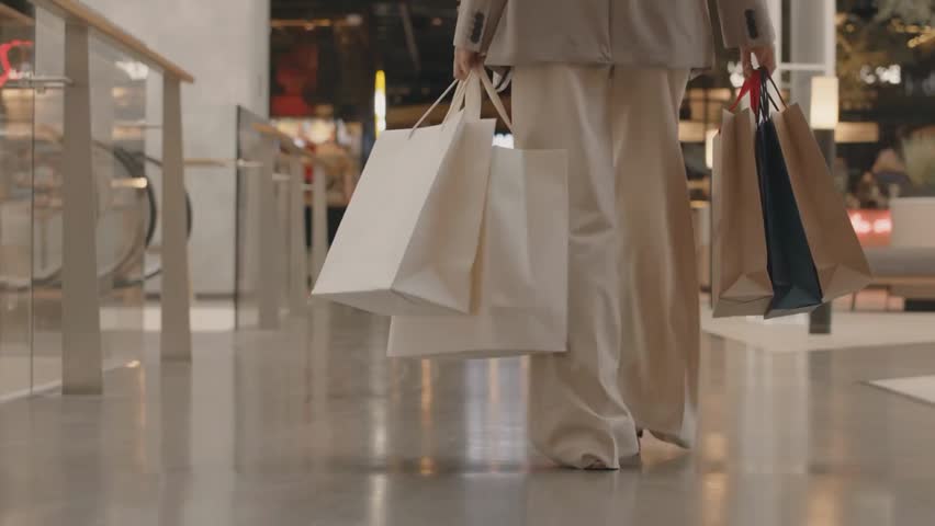 Confident young woman with shopping bags walking indoors, showing fashion, consumer lifestyle, shopping, retail and modern living.