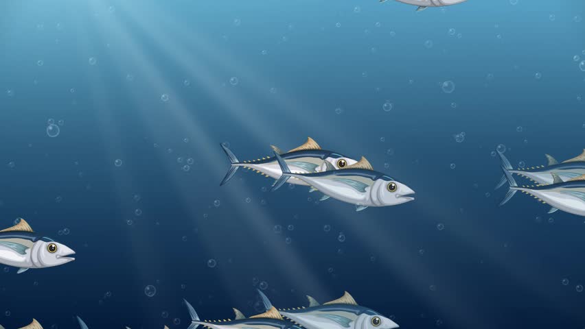 Cartoon tuna swim across blue water with sunbeams and bubbles in a seamless loop.