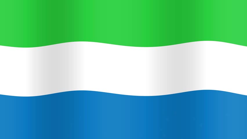 Animated Sierra Leone flag ripples behind golden 3D text and shimmering falling party confetti.