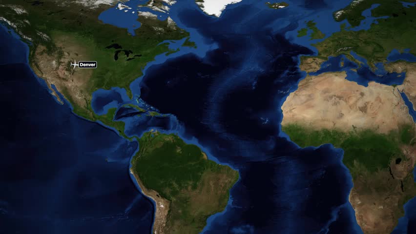 Satellite world map animation follows an airplane flying from Denver to Zurich, Switzerland
