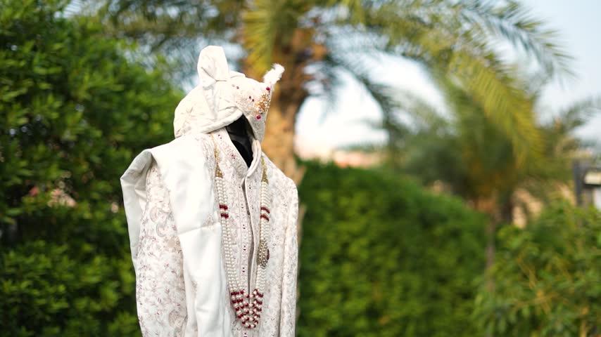 A traditional Indian groom sherwani with a turban and pearl necklace displayed outdoors in Mumbai, India.