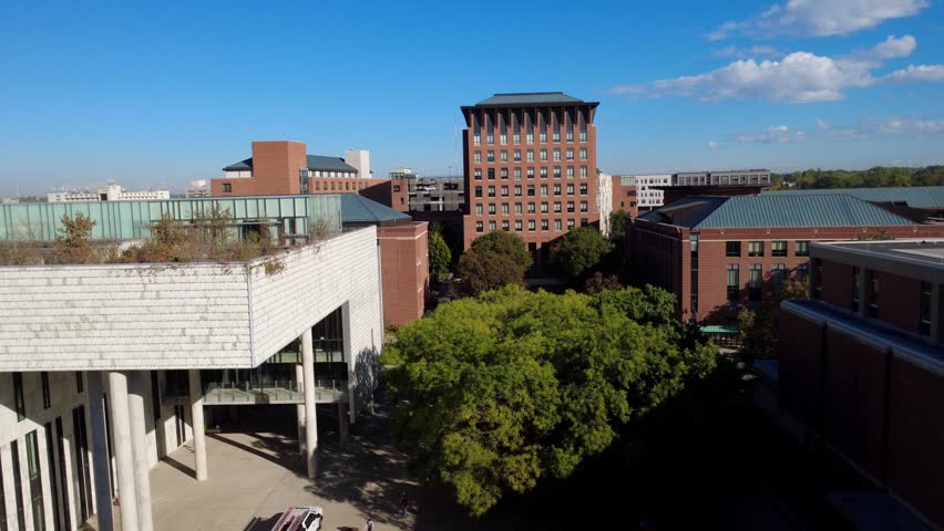 Drone shot of the Fisher College of Business at the Ohio State University in Columbus, Ohio