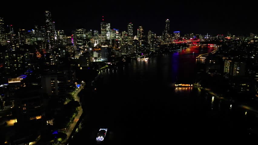 Aerial view of Brisbane city and Story bridge at night