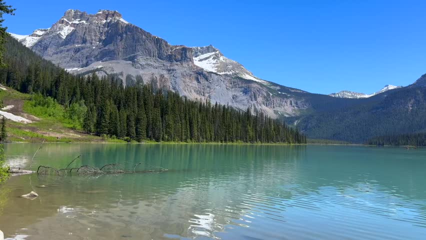 Beautiful view on the Emerald lake. Canada, Yoho National Park, Rocky Mountains. Beautiful mountain lake surrounded by evergreen trees and snow-capped peaks, featuring boats on the tranquil water