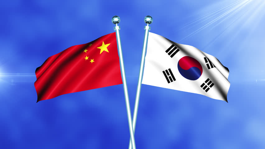 China and South Korea Flag Waving On Pole Loop