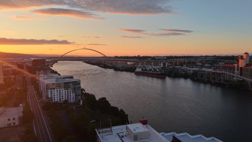 Aerial view of Pearl District skyline at sunset in Portland Oregon