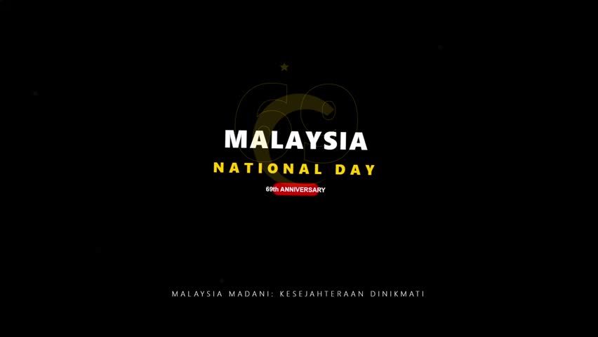 Malaysia national day celebratory text animation on black background. Gold and white typography reading Malaysia National Day featuring a crescent moon and star icon over a dark setting. Ideal for holiday greetings and patriotic event promotion.