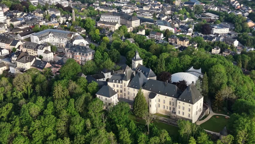 Aerial view around the downtown of Wiltz in Luxembourg on a sunny summer noon