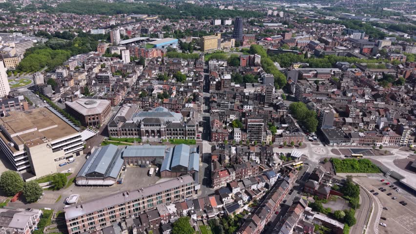 Aerial view around the downtown of Charleroi in Belgium on a sunny summer noon