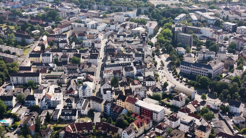 Aerial view of the old town of the city Giessen in Germany, on a sunny afternoon in spring.