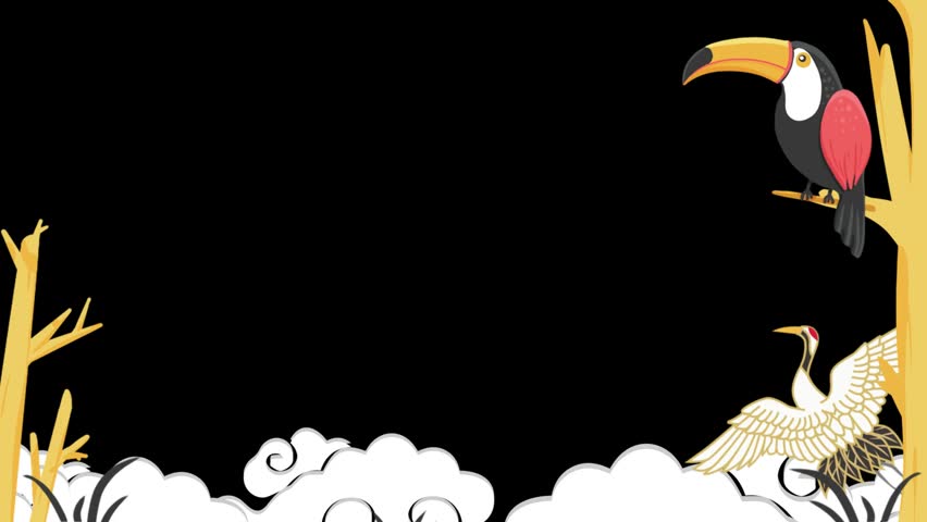 This video shows a repeating horizontal pattern featuring stylized toucans perched on golden trees alongside elegant cranes flying over white clouds
