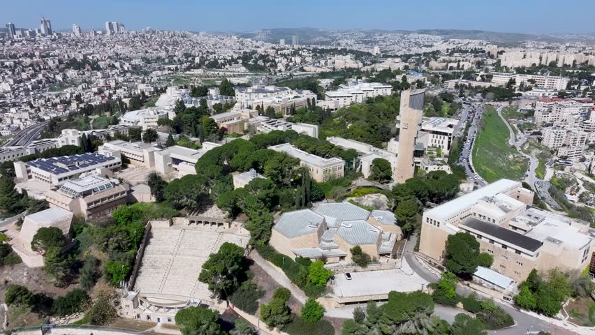 High angle panorama of the Hebrew University amphitheater and academic buildings on Mount Scopus in Jerusalem.