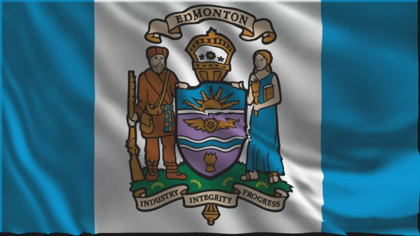 Flag of Edmonton waving slowly in the foreground.