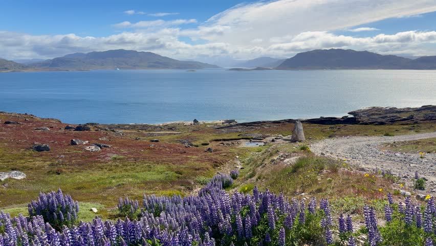 The fjords, mountains, and icebergs near the town of Qaqortoq, Greenland on a bright sunny day.