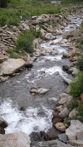 Clear mountain stream rushing over rocks through a green alpine valley, pristine wilderness water flowing in summer, calming vertical nature background