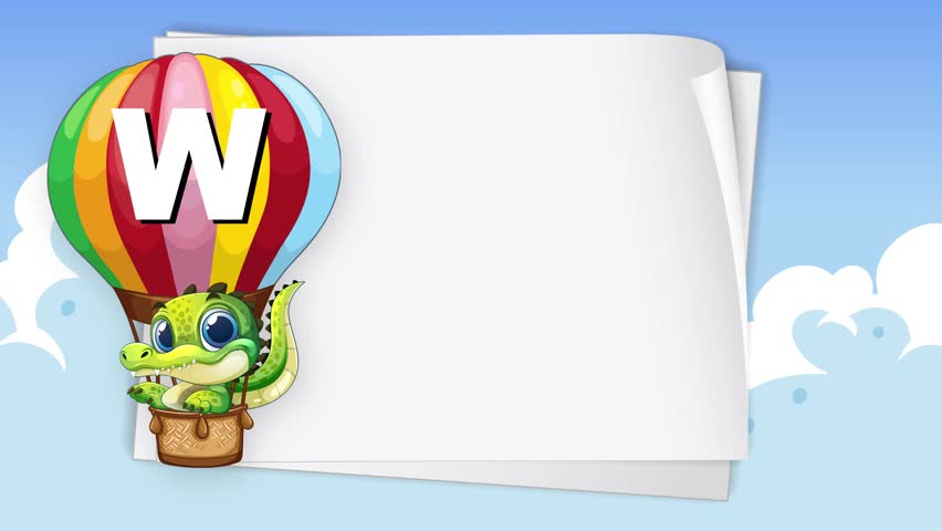 Animated green crocodile in colorful hot air balloon floats across white paper and blue sky.