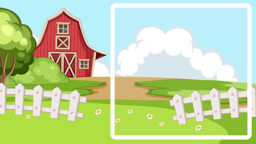 Animated educational graphic showing the letter C and a floating cup over farm background.