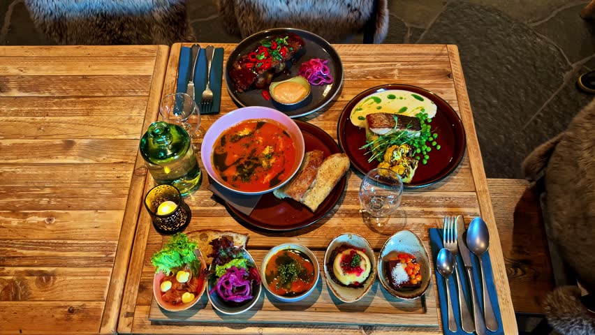Delicious Nordic cuisine dinner served on a rustic wooden table in a restaurant