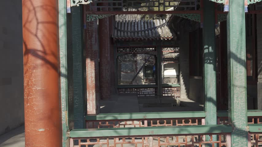landscape view inside corridor pathway inside pavilion hall building in chinese architecture design of Summer palace heritage site in beijing in winter