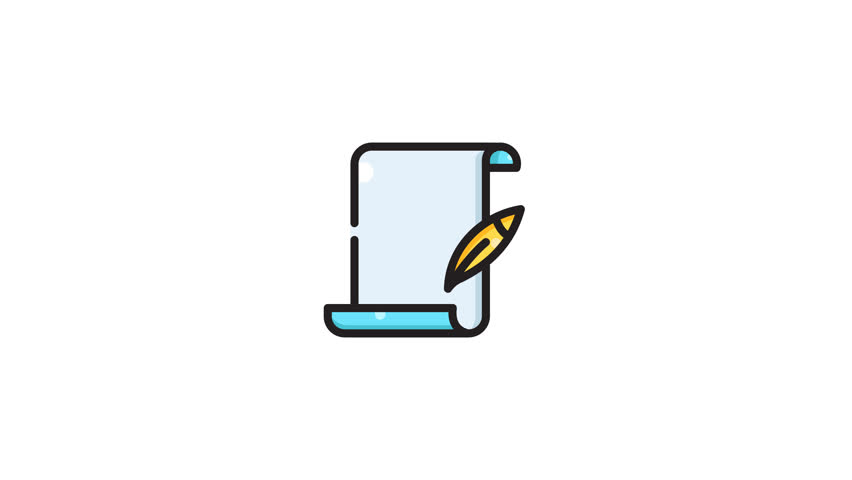 Blue scroll paper icon with golden quill pen drawing tool in simple vector art. Suitable for stationery, design, writing, and creativity concepts.
