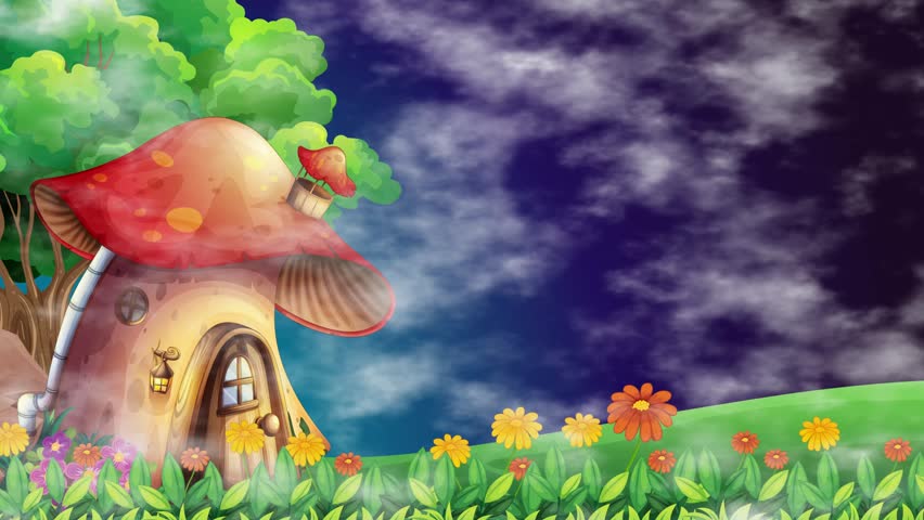 Cartoon mushroom cottage sits on grassy hill with drifting clouds and glowing night sky background.