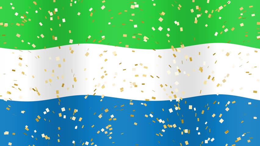 A waving Sierra Leone flag background features golden 3D text and falling glitter confetti.