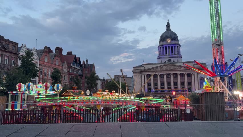 The annual Nottingham Beach transforms Old Market Square each summer, with the iconic Nottingham Council House in the background, in the heart of Nottingham city centre, England.