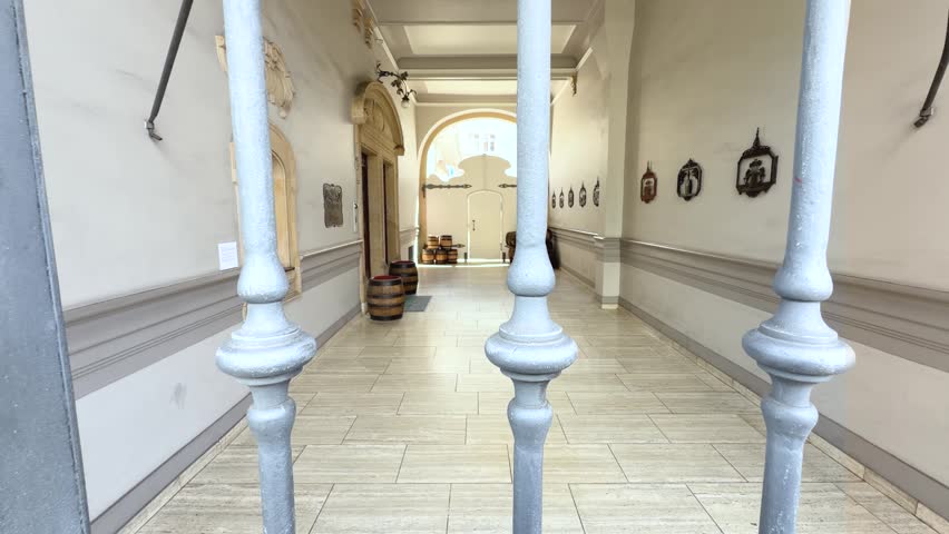 A slow panoramic shot filmed through decorative iron railings reveals a historic entrance hall with light natural stone flooring, plaster walls, elegant archways. Slow left-to-right pan