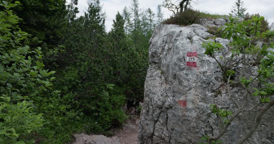 Narrow Mountain Hiking Route Along Trail 215 Leading to Lago di Sorapis In The Dolomites, Veneto, Italy. Static Shot