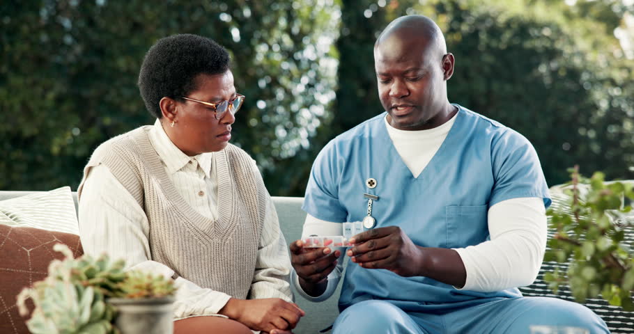 Black people, conversation and pills with container for medication, chat or dosage outdoor. Nurse, senior woman and prescription tablets for pharmaceuticals, supplement or treatment in backyard