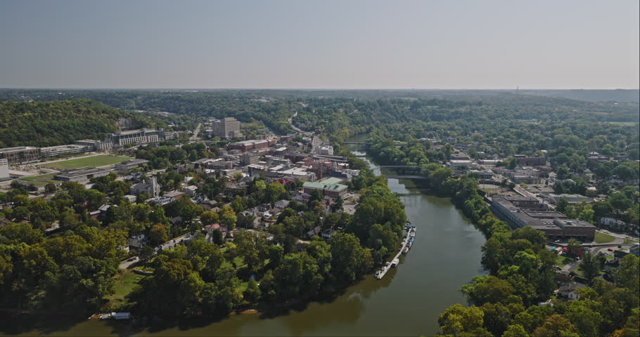 Frankfort Kentucky Aerial v16 orbit around a Kentucky River bend, revealing hillside neighborhoods and the historic town center - Shot with Inspire 3 8k - Sept 21st 2023