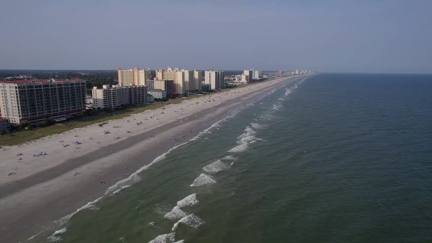 Aerial View of Oceanfront Hotels and Atlantic Coastline in North Myrtle Beach South Carolina