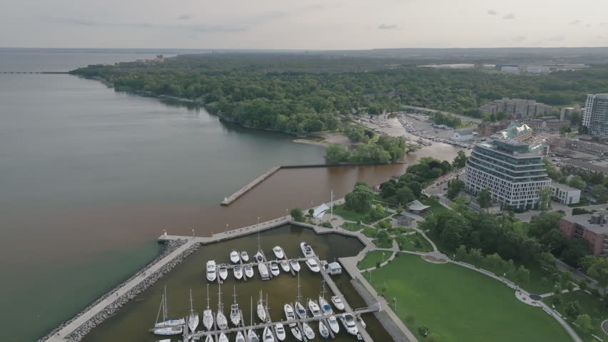 Brown river sediment flows into Lake Ontario beside modern waterfront buildings in Oakville, Ontario. Green trees and walking paths border the shoreline near the harbour mouth.