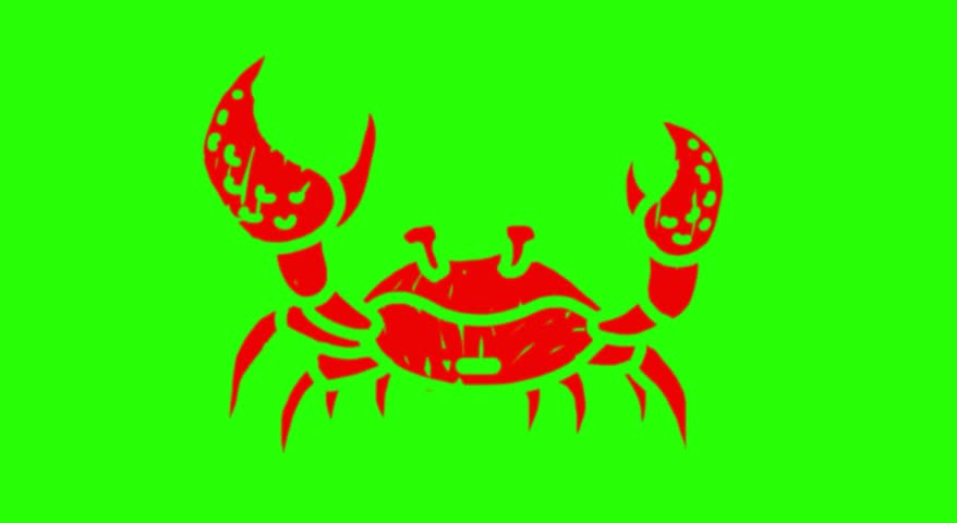 Red hand-drawn crab icon illustration on green screen chroma key background.
