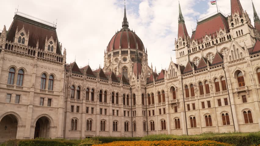Static locked off view of the eastern facade of the Hungarian Parliament Building from the square in Budapest, Hungary, on a sunny summer day.
