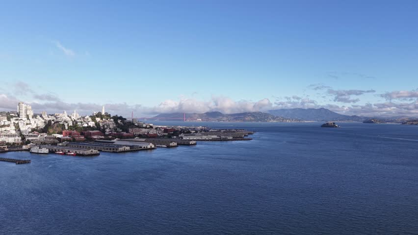 Panoramic Morning View Of San Francisco Skyline Along Embarcadero Waterfront In California, USA. Wide drone shot