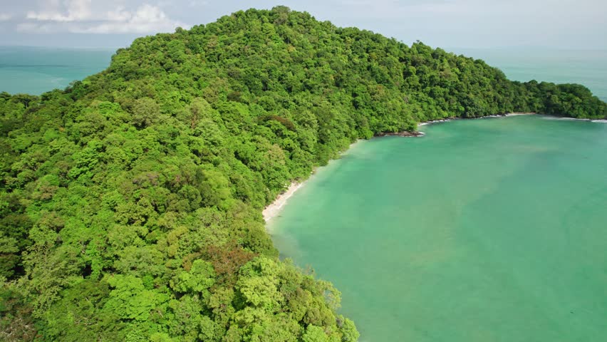 Cinematic drone shot showcasing a tropical paradise with lush jungle, turquoise bay, secluded shoreline, and vibrant coastal scenery along Malaysia