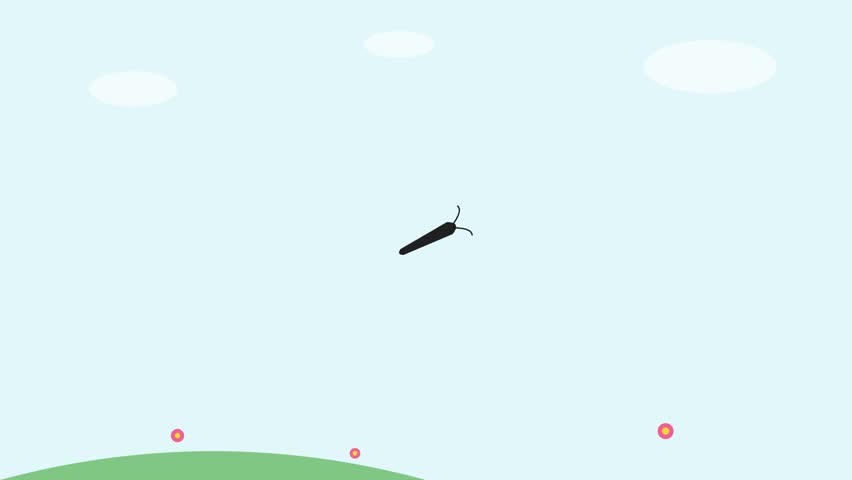 Blue butterfly animation flying over green field and pink flowers in sunny sky video clip