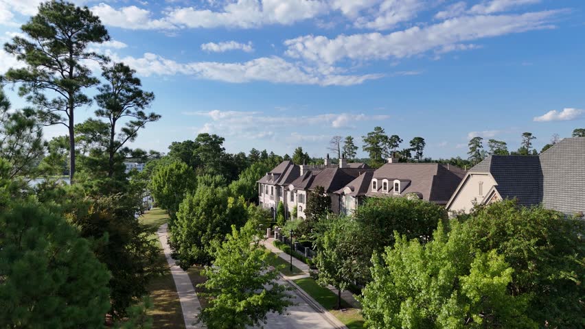 Aerial view of large mansion houses with swimming pool, in affluent neighborhood by Woodlands lake, Houston, Texas, expensive suburban homes surrounding by lush green trees, USA	
