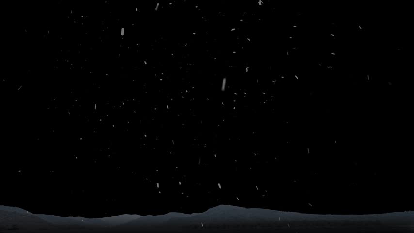Snow is falling against the backdrop of mountains and a black background
