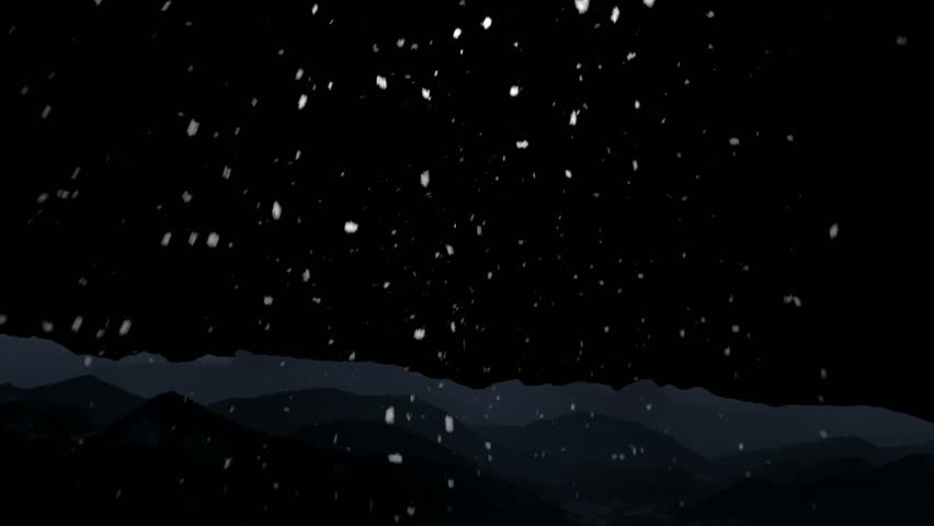 Snow is falling against the backdrop of mountains and a black background