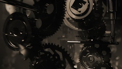 3d background with animated clockwork machinery. Seamless loop. Depth of field.