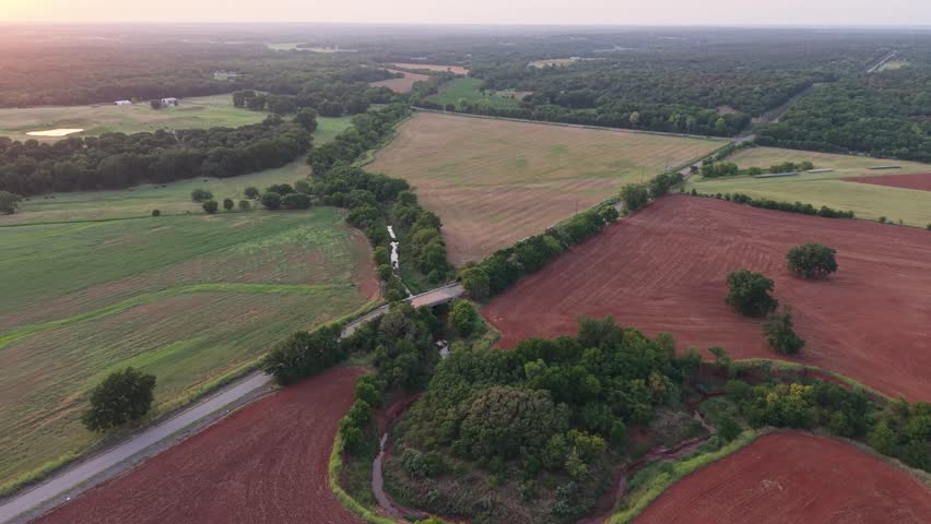 52-Week Chronological Drone Sequence - Bridge 1 Orbit - Week 36 (Oklahoma Rural Landscape, Summer Regrowth, Early August) 