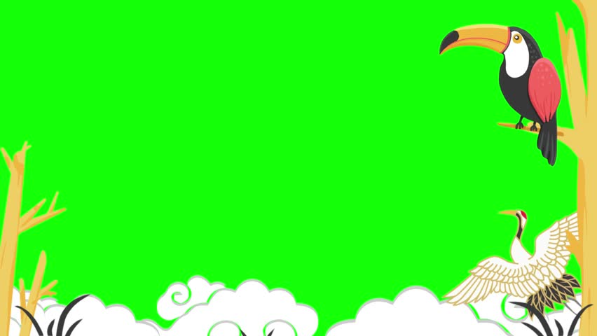 This video displays a repeating animation of toucans sitting on barren branches alongside elegant cranes flying above stylized white cloud formations