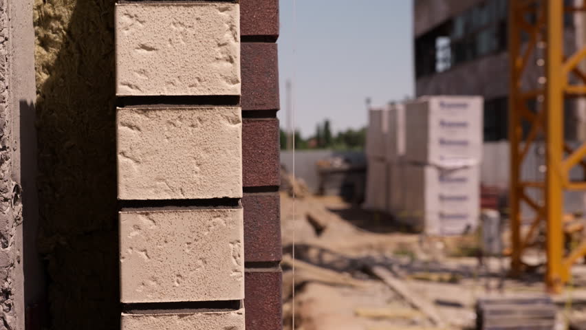 Corner of brick building facade under construction close up